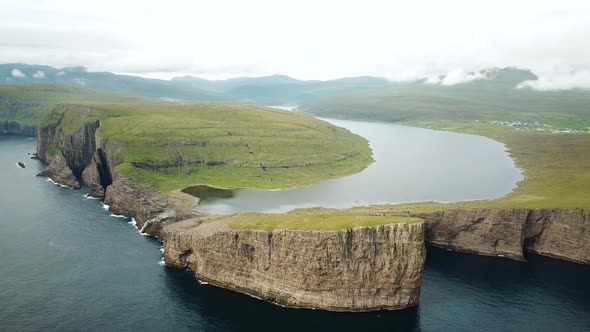 Aerial View of Sorvagsvatn Lake or Leitisvatn Biggest Lake in Faroe Islands