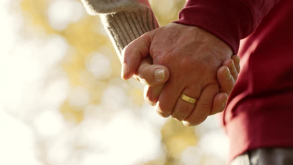 Two Caucasian Elderly People Embracing Their Palms Together Showing Golden Wedding Ring