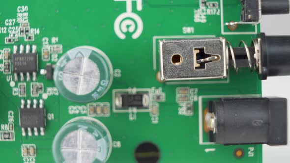 PCB (Printed Circuit Board) with Different Components, Macro Shot