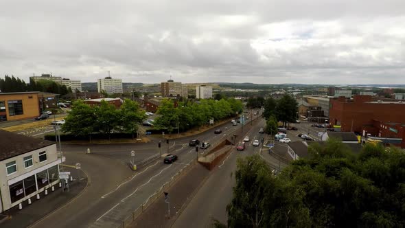 Aerial footage of the A50 road near Hanley in Stoke on Trent