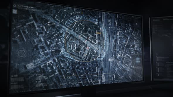 Software Criminal Car Position Tracking With Satellite Scan Of Urban City Map alt
