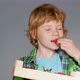 Blonde boy is happy about delicious strawberries from the farmers market. - VideoHive Item for Sale