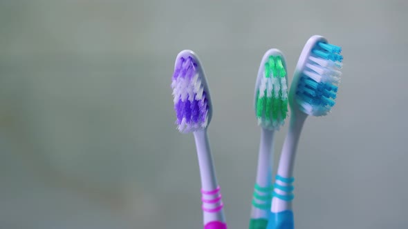 Close-up of colorful soft toothbrushes with lot of bristles on gray background.