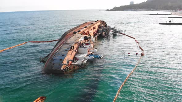 Aerial View of Tanker Stranded the Coast of Odessa Beach