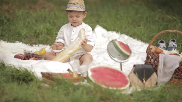 Little Boy Eating White Bread in the Meadow