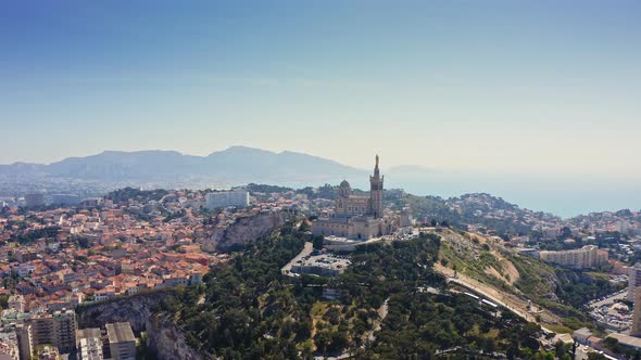 Aerial Cityscape View From Flying Drone of European Touristic Port City Marseille in France on