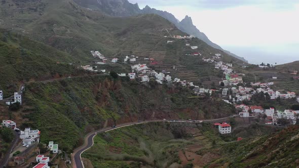 Small mountain village on the steep mountainside of Tenerife, Canary Islands, Spain, sharp mountain