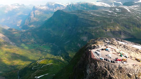 Panorama of Geirangerfjord and mountains, Dalsnibba viewpoint, Norway