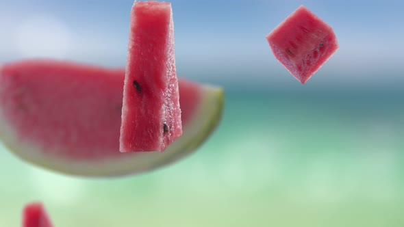 Flying of Watermelon and Slices in Blue Beach Background