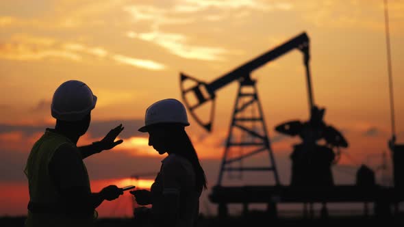 Silhouette Two Engineers Shaking Hands on the Background a Oil Pump at Sunset