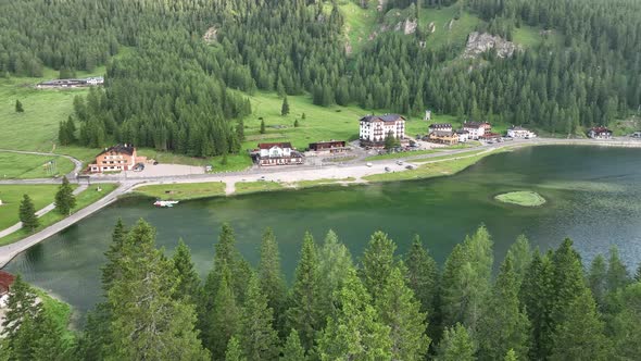 Lake of Misurina, aerial view of Dolomites