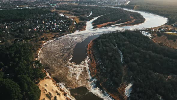 River Gauja with Melting Snow and Ice in Spring Aerial