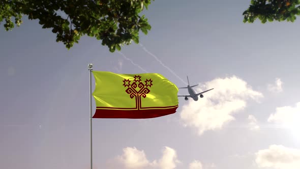 Chuvashia Flag With Airplane And City -3D rendering