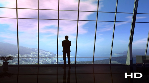 Businessman Standing In Front Of A Window From Dawn To Dusk HD