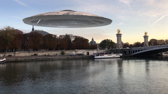 Large Flying saucer ufo over Paris Seine River