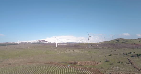 Aerial view of wind turbine farm in a grassland, Golan Heights, Israel.