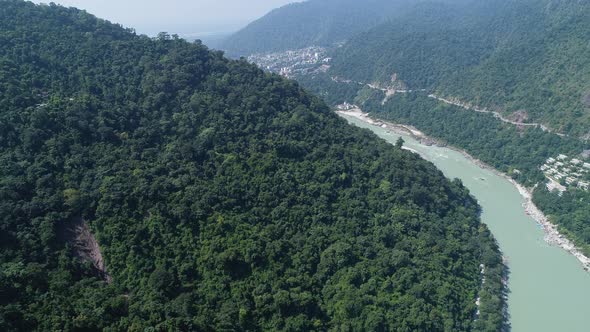 The Ganges river near Rishikesh state of Uttarakhand in India seen from the sky