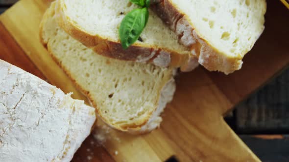 Bread, soy sauce and olive tapas