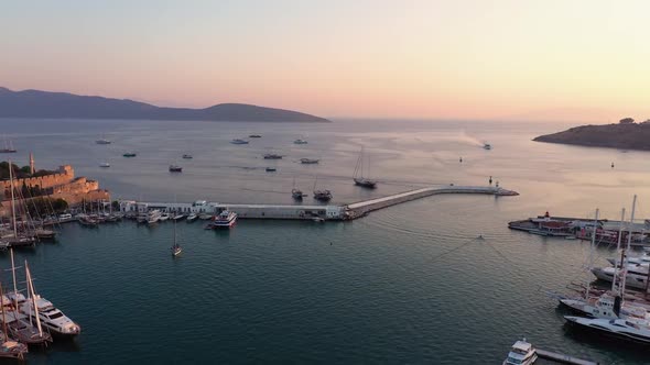 Picturesque Scenery of Sea Ancient Castle Harbor and Boats