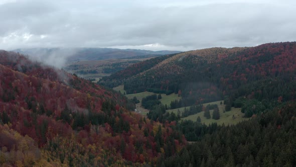 Aerial view, flying over colorful autumn forest and green valley, Romania