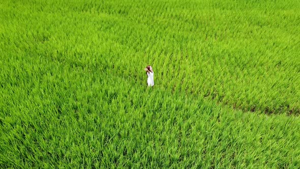 Aerial view of a beautiful young asian woman waving hand in paddy field or rice terraces in Thailand