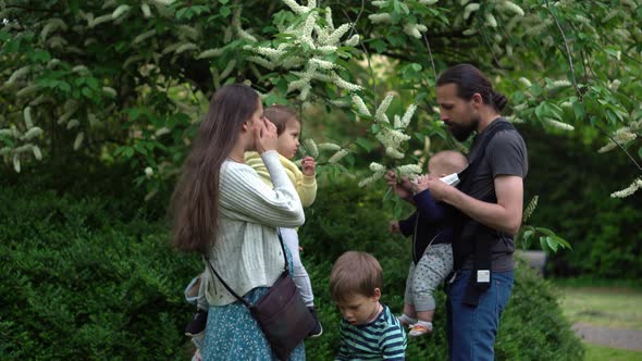 Happy Family Mother Father Four Baby Little Siblings Kids Have Fun Sniffing Flowers on Trees