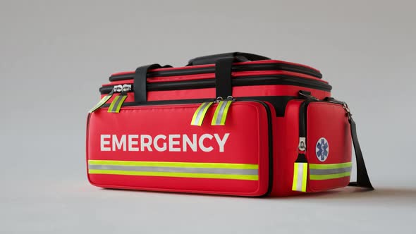 The red emergency first aid bag in studio light. Close up on a paramedic kit4KHD