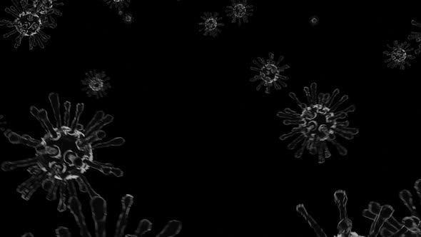 Virus cell 3D render. Clear microorganism background with multiple virus molecules flowing around.