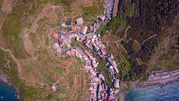 Aerial travel view of Manarola, Cinque Terre, Italy.
