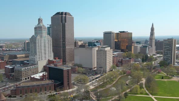 Aerial drone shot in downtown Hartford, Connecticut, featuring the financial building and skyscraper