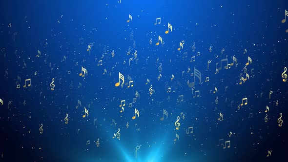 Blue glittering music notes flying Light .