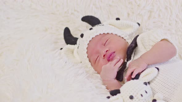 happy newborn baby wearing cute cow costume lying sleep on white background