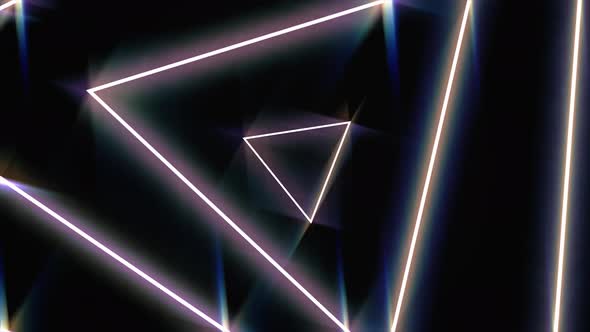 Flying through glowing rotating neon triangles in a tunnel