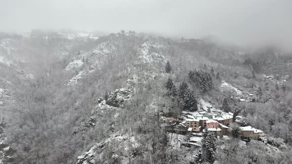 Aerial Winter Landscape of Dense Historic Center of Thiers Town in PuydeDome Department