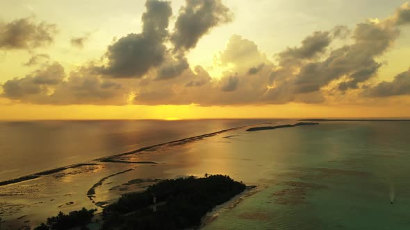 Aerial drone scenery of paradise lagoon beach adventure by blue sea and white sand background of a d