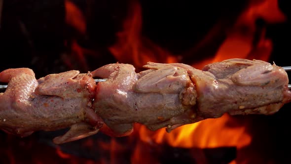 Raw Marinated Quail Carcasses on the Long Skewers