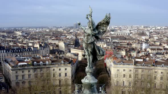 Detail of Angel of liberty Girondins monument Bordeaux, France, Aerial circling shot