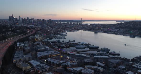 Seattle Amazing Panoramic Aerial View Of Downtown Lake Mountain Buildings Skyline Sunset Bay
