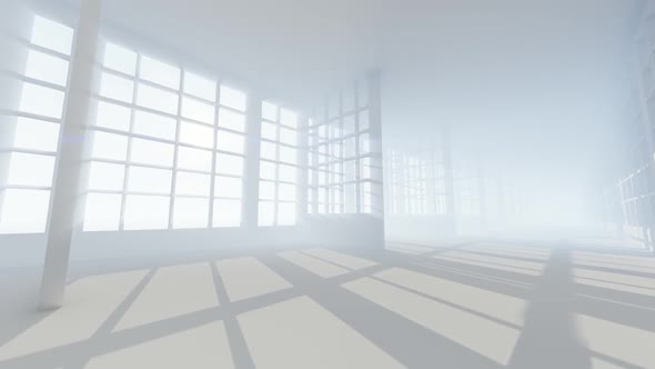 Long Empty white Corridor with Bright Light from the Windows alt