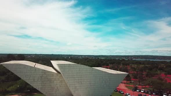 Aerial drone footage rising over the Pantheon of the Fatherland and Freedom in Brasilia