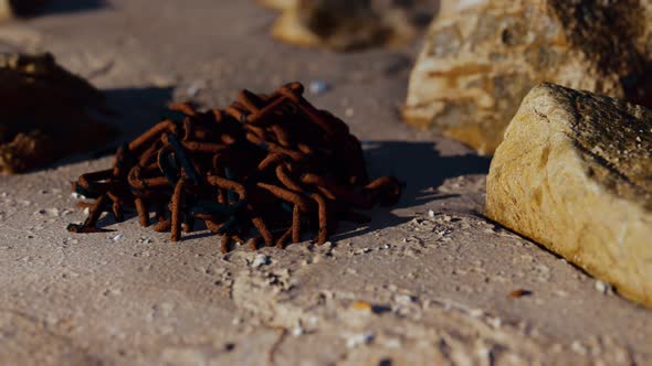 Old Rusted Abandoned Chain on Sand Beach alt