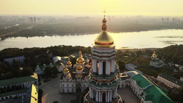 Kyiv, Ukraine: Aerial View of Kyiv-Pechersk Lavra in the Morning at Sunrise.