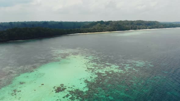 Aerial: uncontaminated coastline tropical beach caribbean sea coral reef atoll