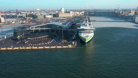 An Aerial Shot of the Big Cruise Ship in Helsinki Finland