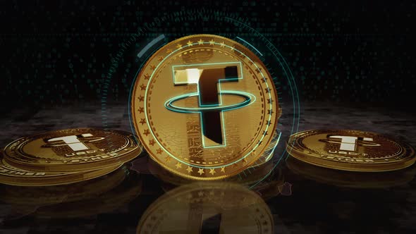 Tether USDT stablecoin cryptocurrency golden coin loop on digital screen