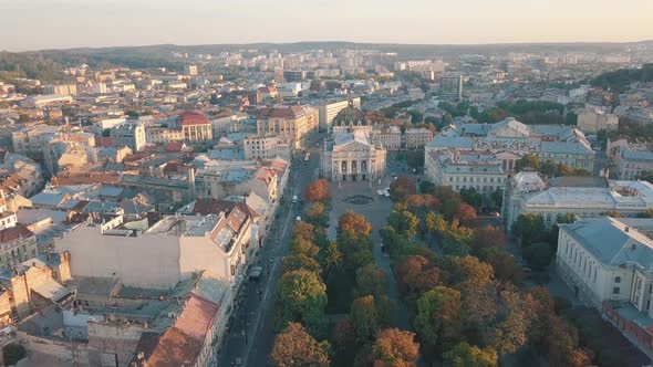 Aerial City Lviv, Ukraine. European City. Popular Areas of the City. Lviv Opera