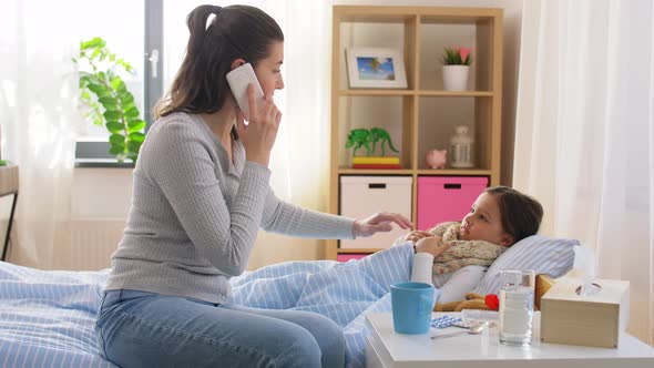 Ill Daughter and Mother Calling on Phone at Home