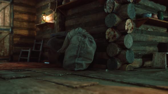 Dark Interior of Retro Log House