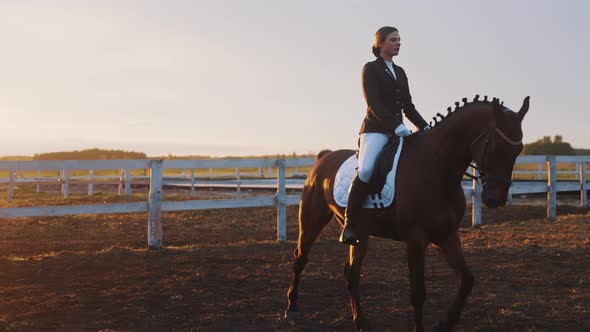 Girl Riding On Horseback In The Sandy Arena During The Evening  Sunset