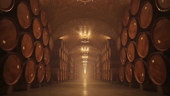Oak Barrels stacked In a dark Wine Cellar or basement. Traditional winery.